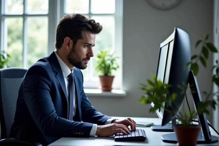 Attorney working diligently at a modern workstation