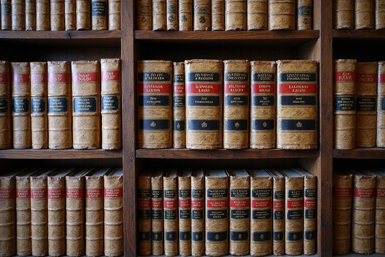 Bookshelves filled with legal texts in a law library