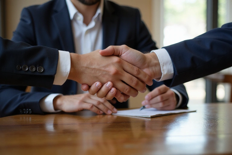 Client and lawyer shaking hands across a desk, signifying partnership