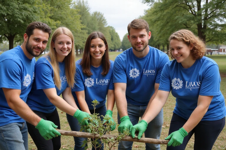 Diverse group of professionals volunteering at a community event