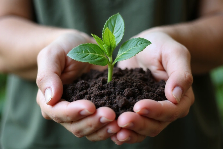 Hands holding a small plant, symbolizing environmental sustainability