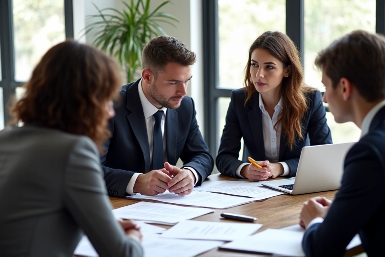 Legal team discussing a case with documents and a laptop