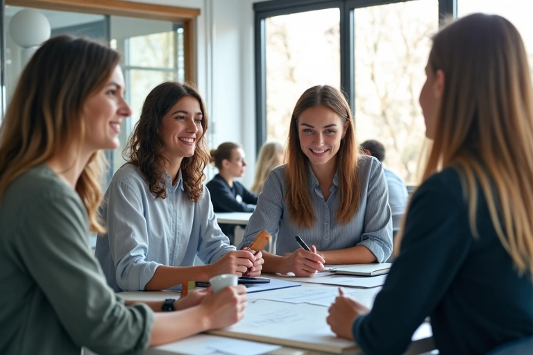 Team members collaborating in an open-plan office space