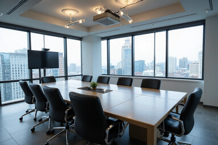 Well-lit conference room with advanced presentation equipment