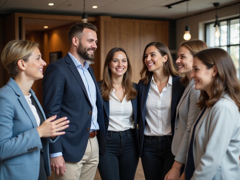 A diverse group of employees laughing during a team building event