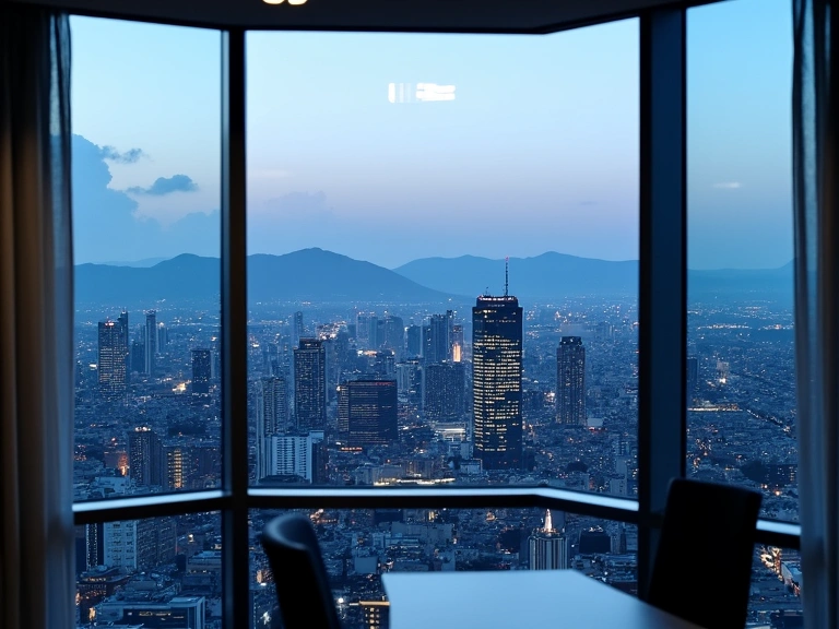 A panoramic view of a city skyline from a modern office window