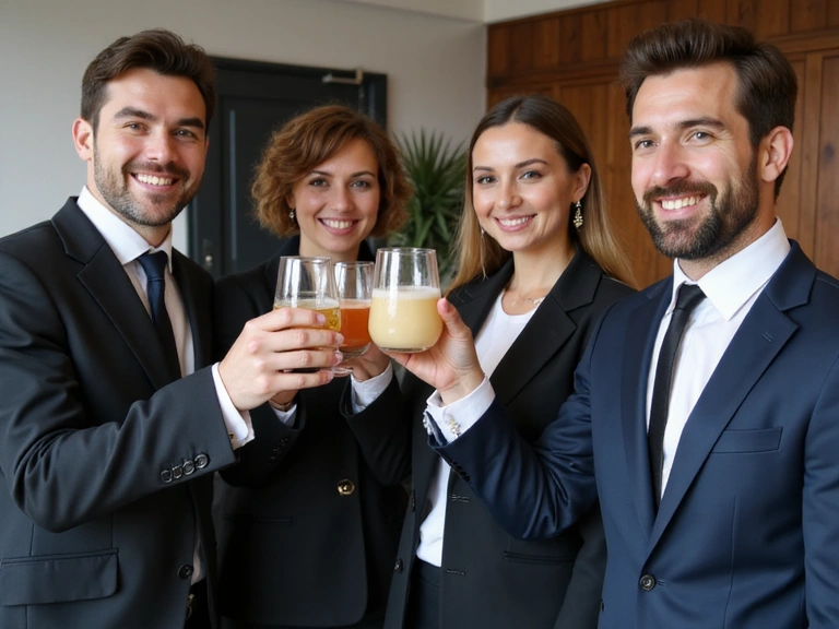 A group of lawyers celebrating a successful case with a toast