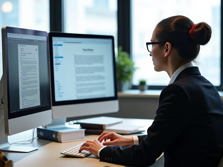 An employee working diligently at a desk with multiple monitors and legal books