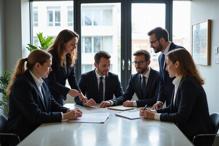 Legal professionals collaborating in a modern office environment
