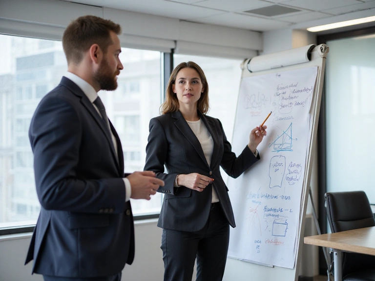 Two legal professionals having a discussion in a meeting room with a whiteboard