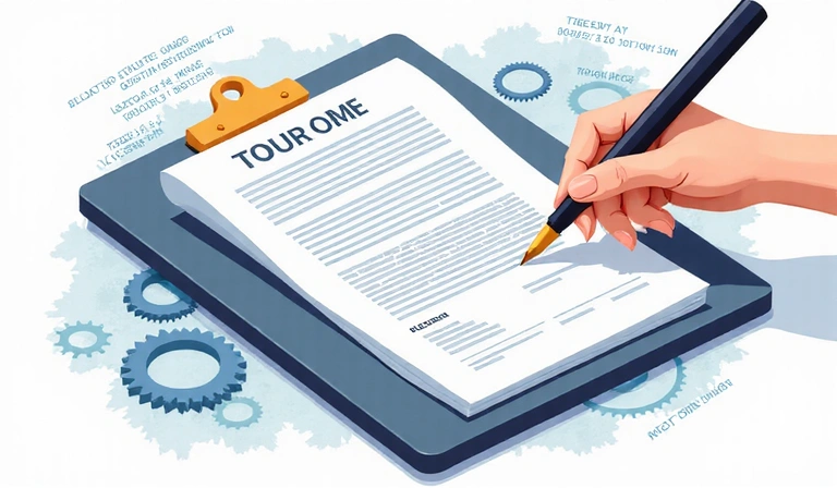 An illustration of a document being updated with a pen, surrounded by gears and digital elements, symbolizing policy changes and technological advancements
