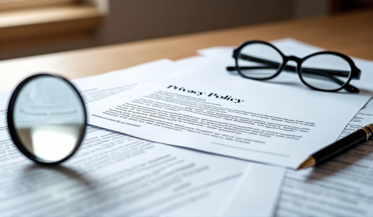 Legal documents and a magnifying glass, symbolizing privacy and scrutiny
