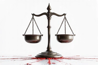 Abstract image representing litigation and dispute resolution, with balanced scales and dynamic lines
