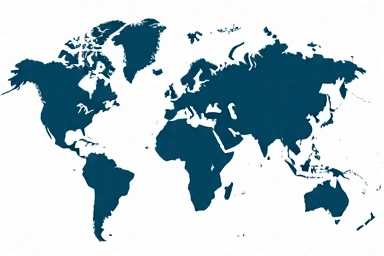 Abstract image representing international law, with interconnected global symbols