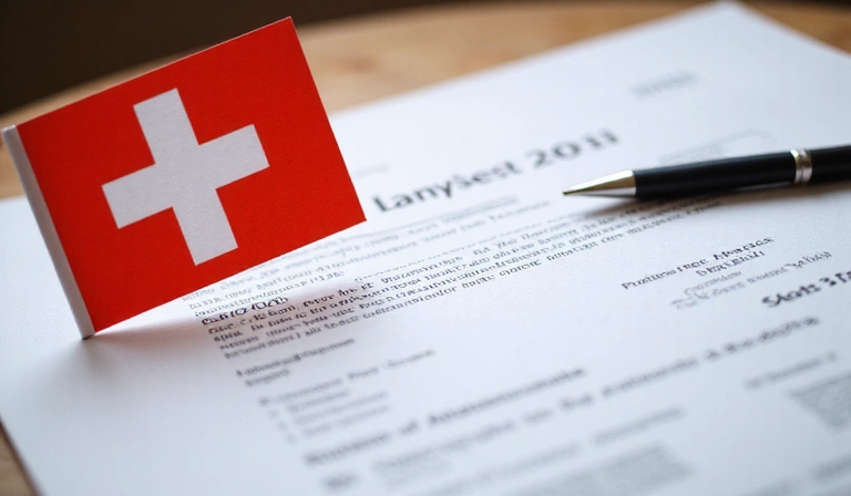 Swiss flag and legal documents, symbolizing governing law